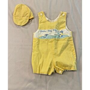 Vintage Mayfair Baby Overalls Matching‎ Hat Yellow Gingham Little Boy Blue 18 mo
